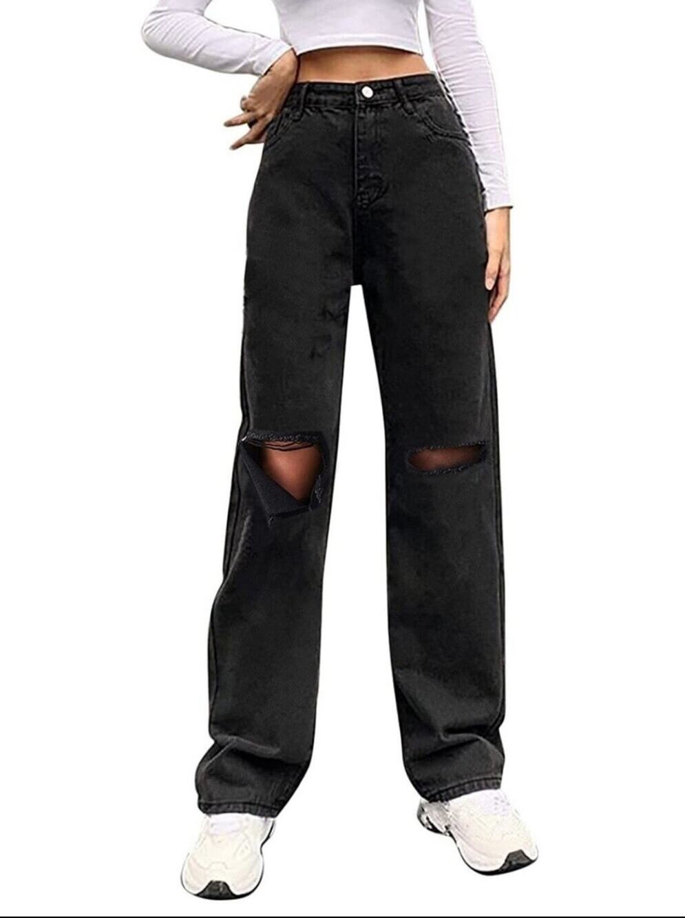 High-Rise Black Wide-Leg Distressed Jeans for Women NWT